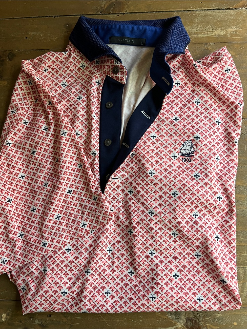 Greyson Men’s Pink Patterned Polo with Navy Trim
